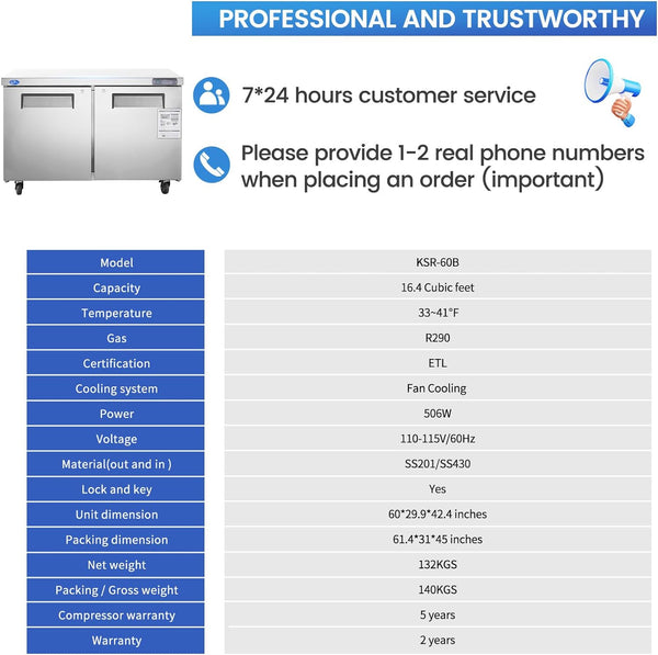 2-Door Stainless Steel Refrigerator Prep Table - 16.4 Cu.ft